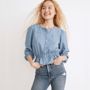 MADEWELL Chambray Puff-Sleeve Peplum Top in Windowpane, SMALL